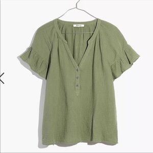 Madewell Lightspun Ruffle-Sleeve Henley Top in Distant Grove size XS